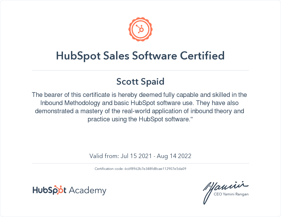 HubSpot Sales Software Certified Scott Spaid
