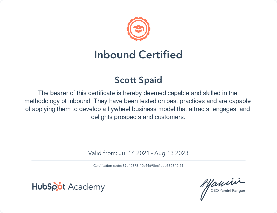 HubSpot Inbound Certified Scott Spaid